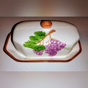 Vtg Covered Butter Keeper Dish Fruit Motif Ceramic